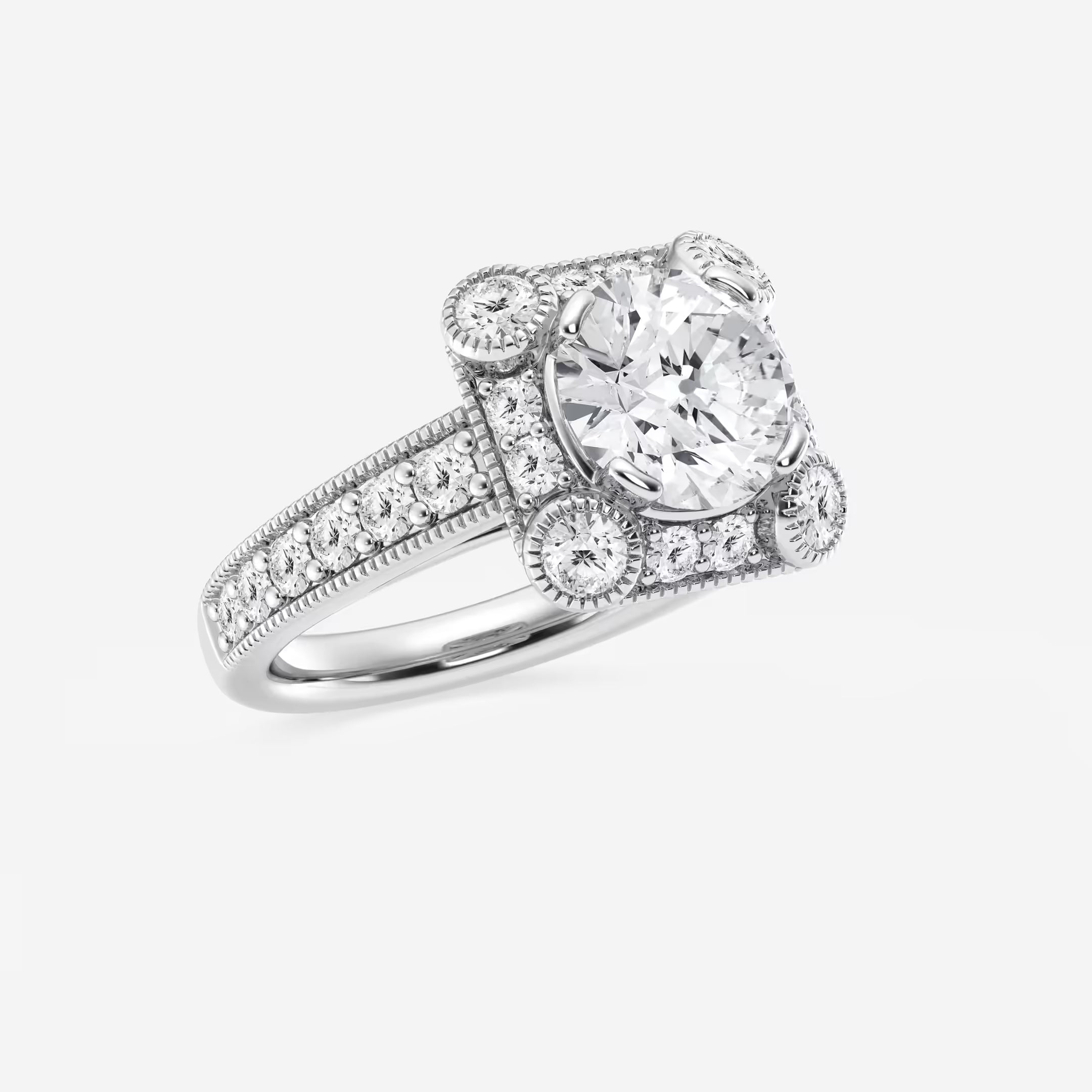 Round Cut Lab Grown Diamond Vintage Cushion Halo Engagement Ring