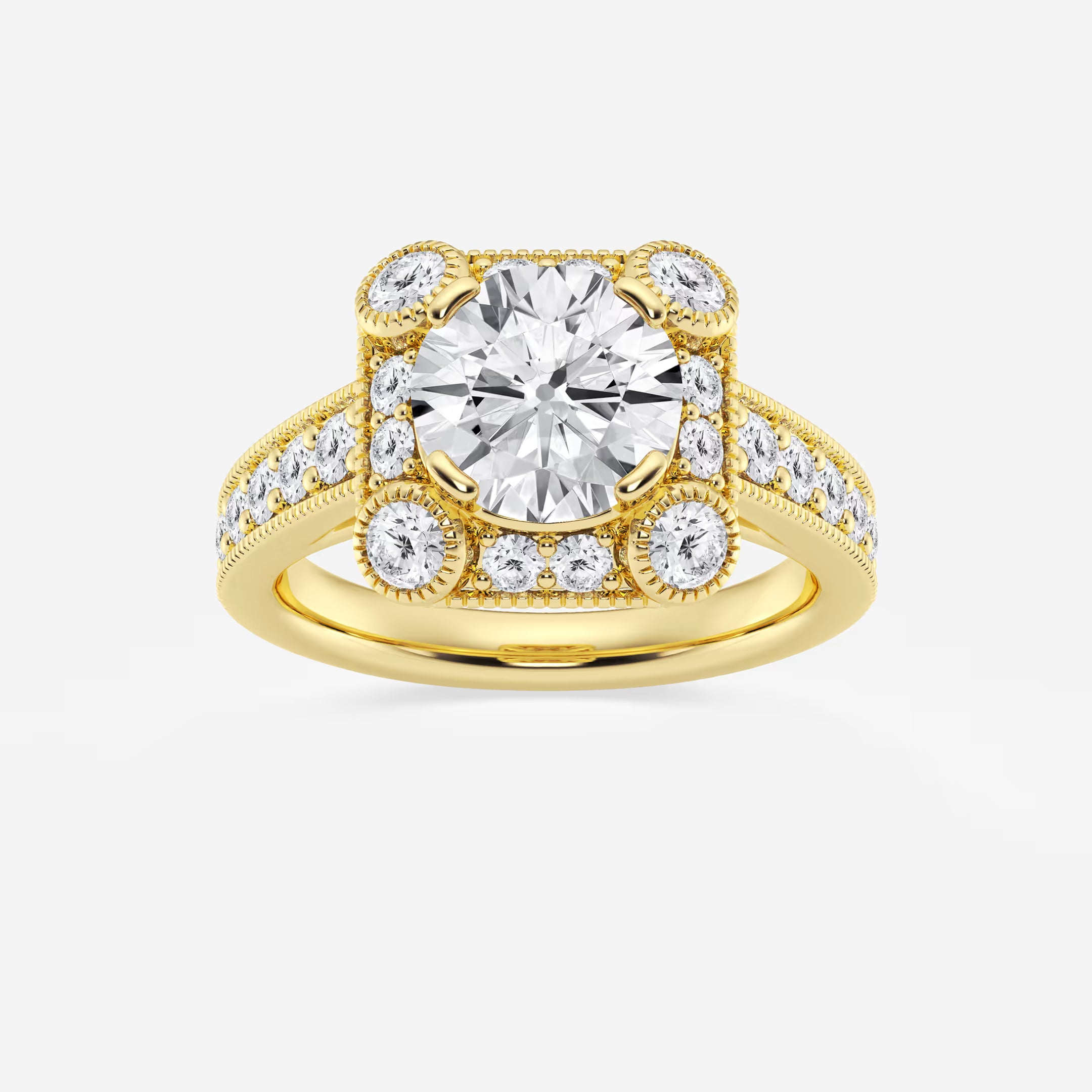 Round Cut Lab Grown Diamond Vintage Cushion Halo Engagement Ring