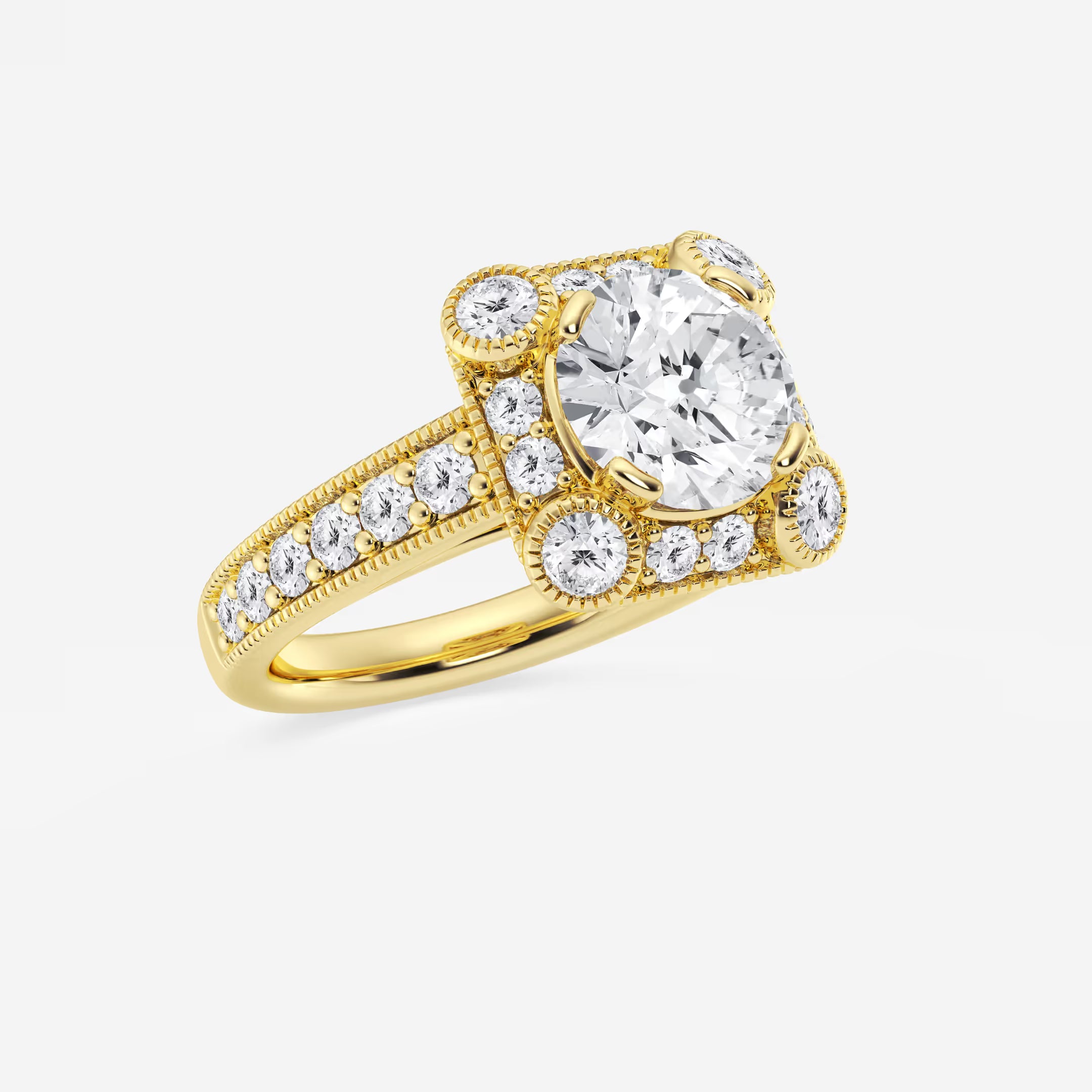 Round Cut Lab Grown Diamond Vintage Cushion Halo Engagement Ring