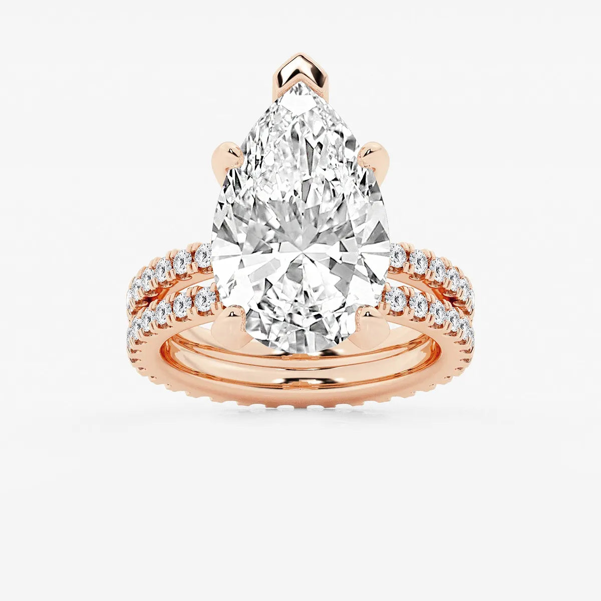 Pear Cut Lab Grown Diamond Engagement Ring Bridal Set, Pave Diamond Band with Eternity Wedding Band