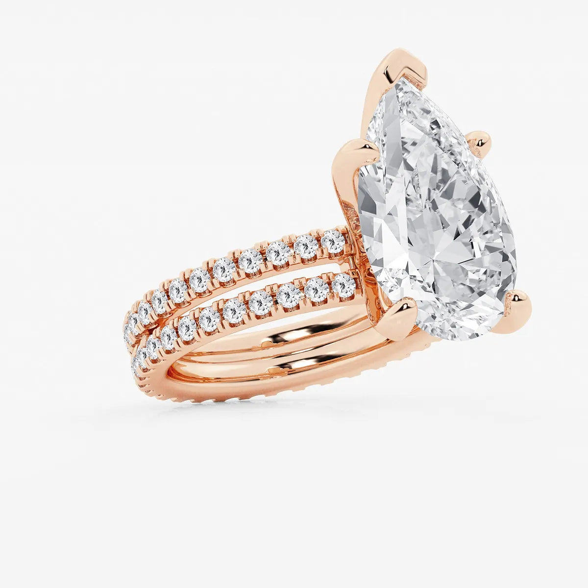 Pear Cut Lab Grown Diamond Engagement Ring Bridal Set, Pave Diamond Band with Eternity Wedding Band