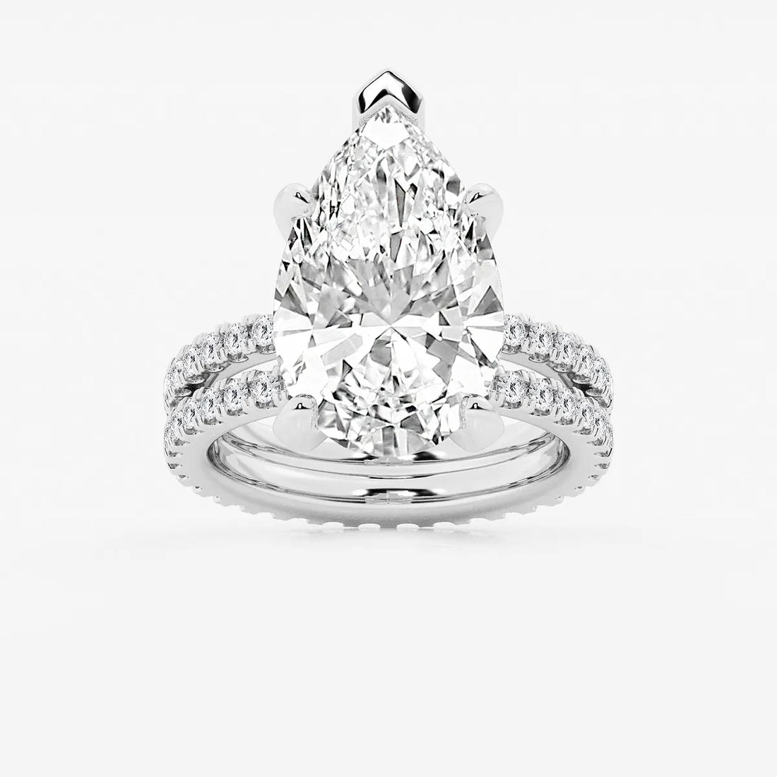 Pear Cut Lab Grown Diamond Engagement Ring Bridal Set, Pave Diamond Band with Eternity Wedding Band