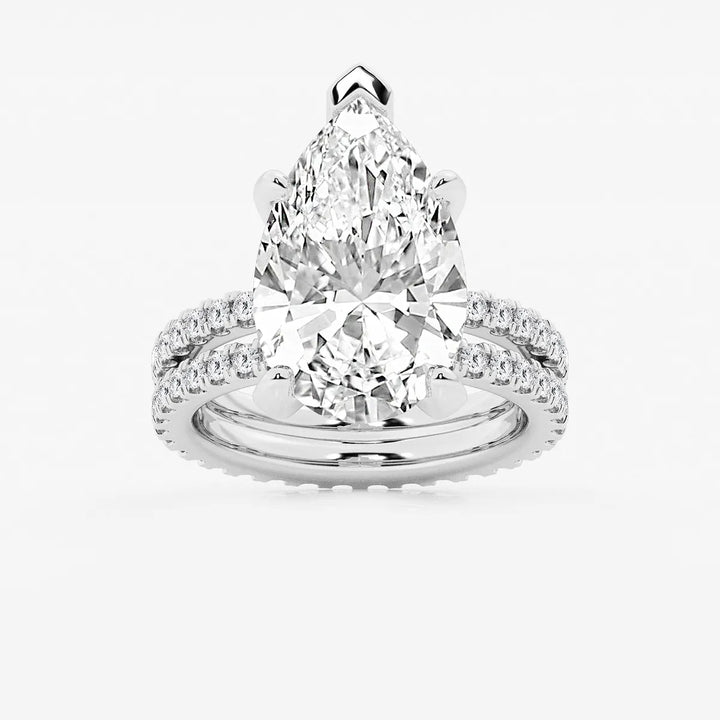 Pear Cut Lab Grown Diamond Engagement Ring Bridal Set, Pave Diamond Band with Eternity Wedding Band
