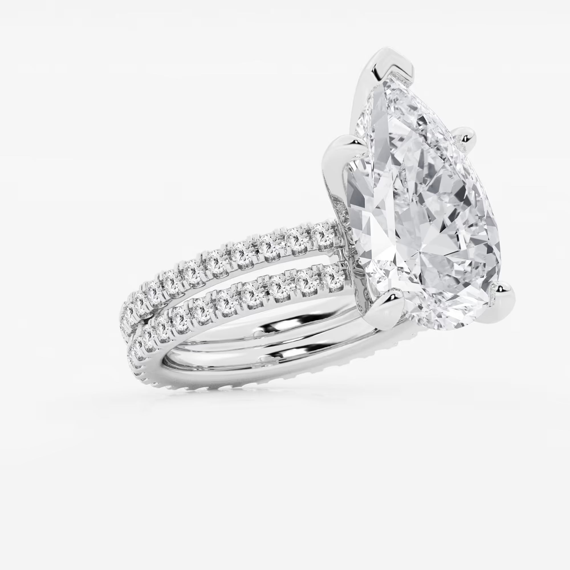 Pear Cut Lab Grown Diamond Engagement Ring Bridal Set, Pave Diamond Band with Eternity Wedding Band