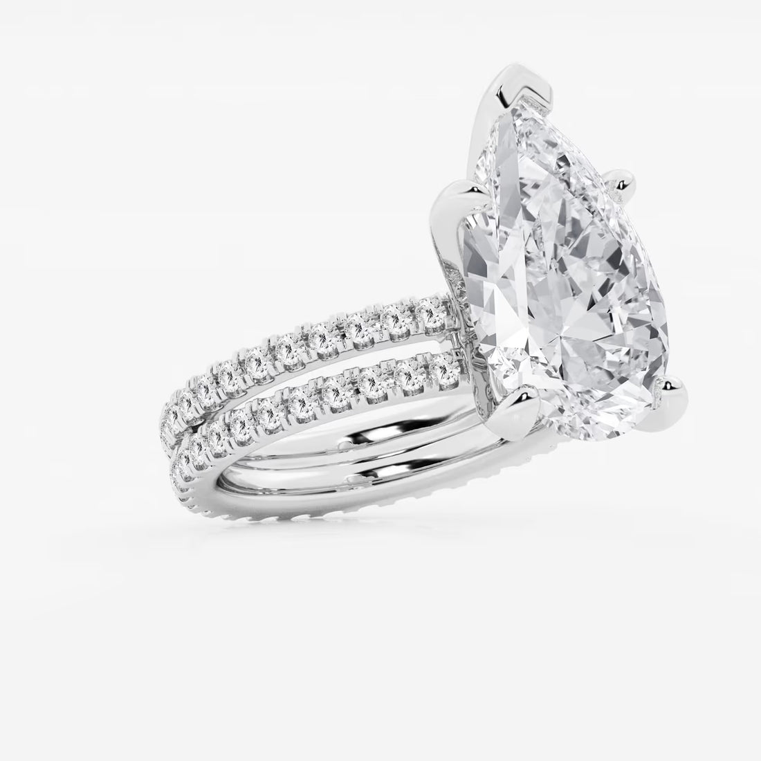 Pear Cut Lab Grown Diamond Engagement Ring Bridal Set, Pave Diamond Band with Eternity Wedding Band