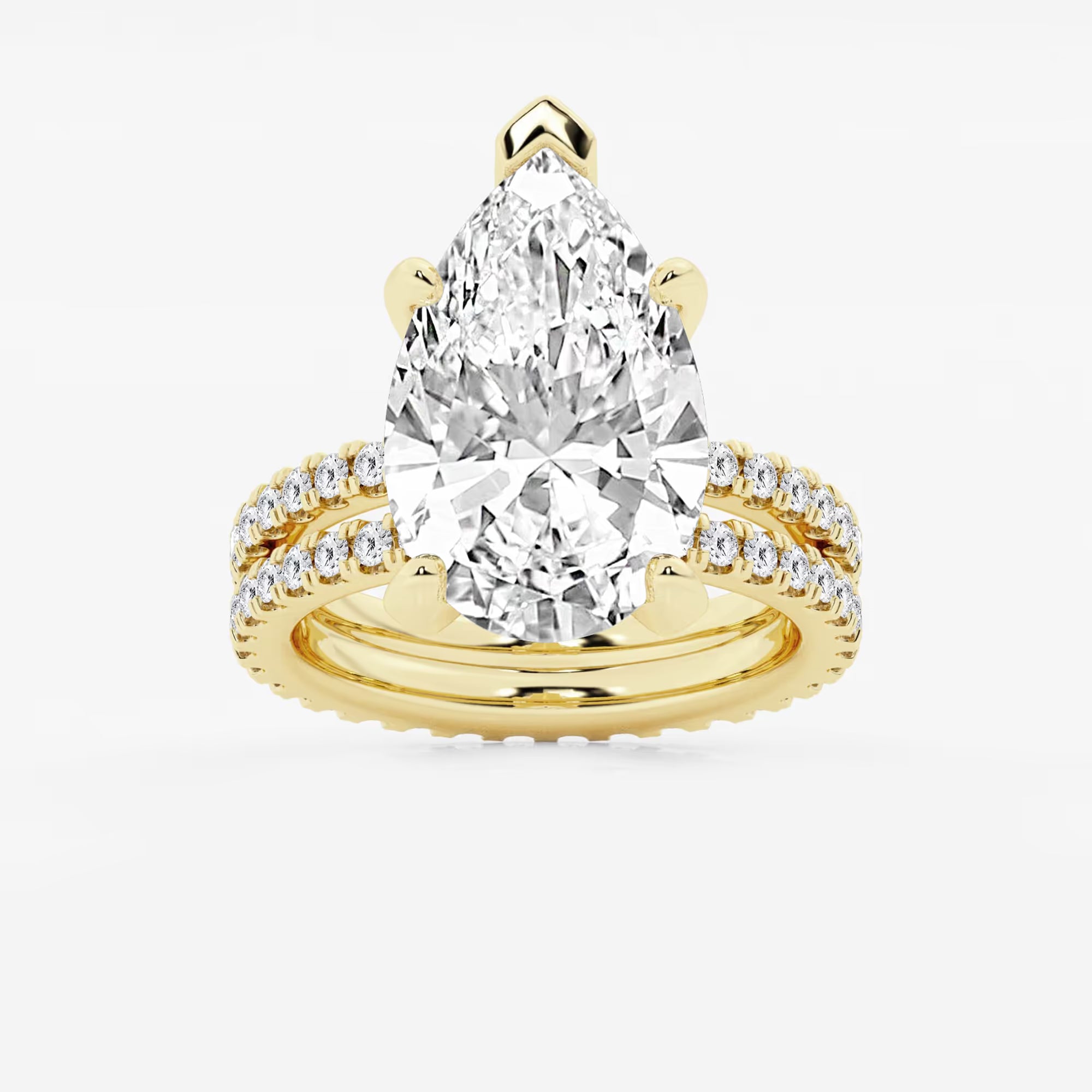 Pear Cut Lab Grown Diamond Engagement Ring Bridal Set, Pave Diamond Band with Eternity Wedding Band