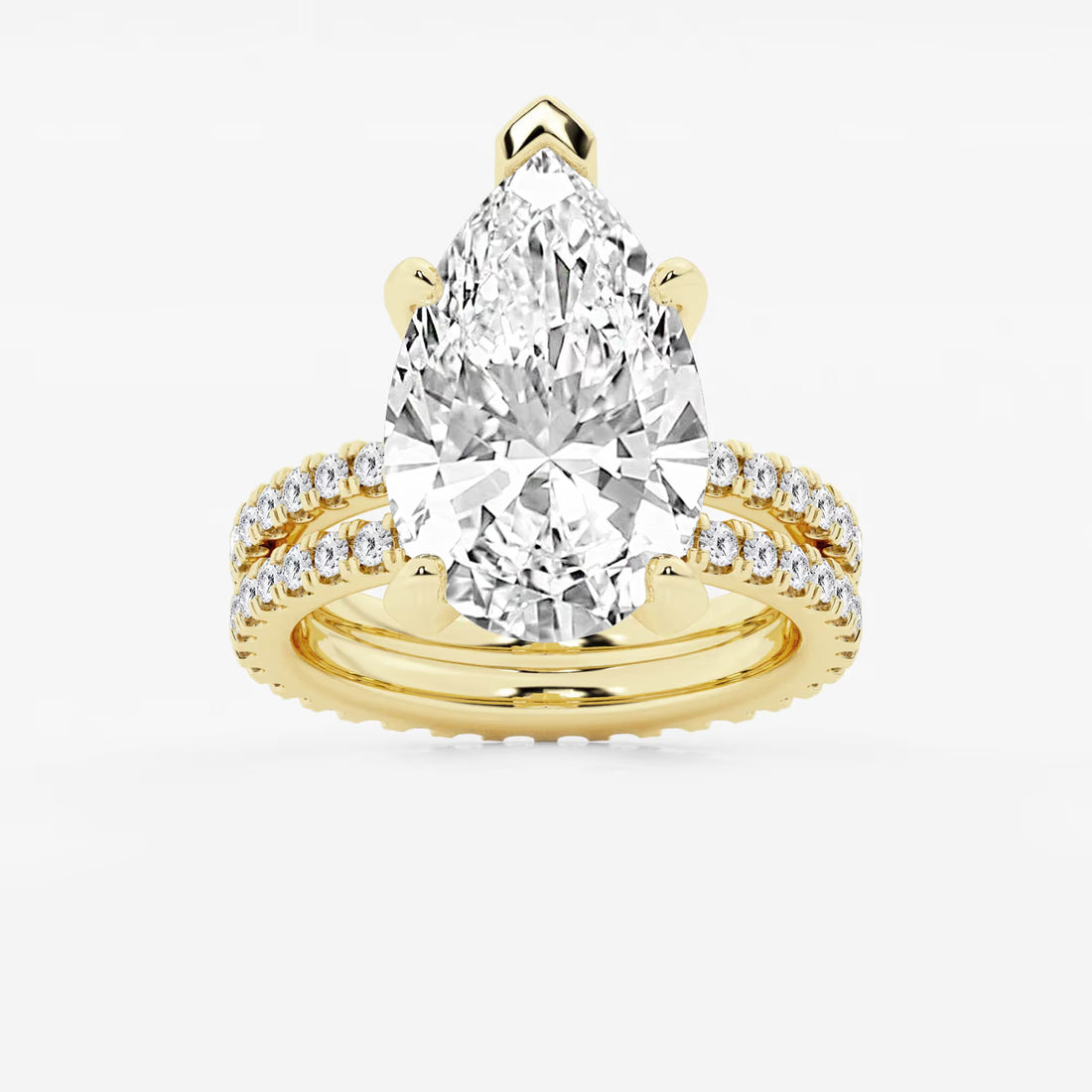 Pear Cut Lab Grown Diamond Engagement Ring Bridal Set, Pave Diamond Band with Eternity Wedding Band