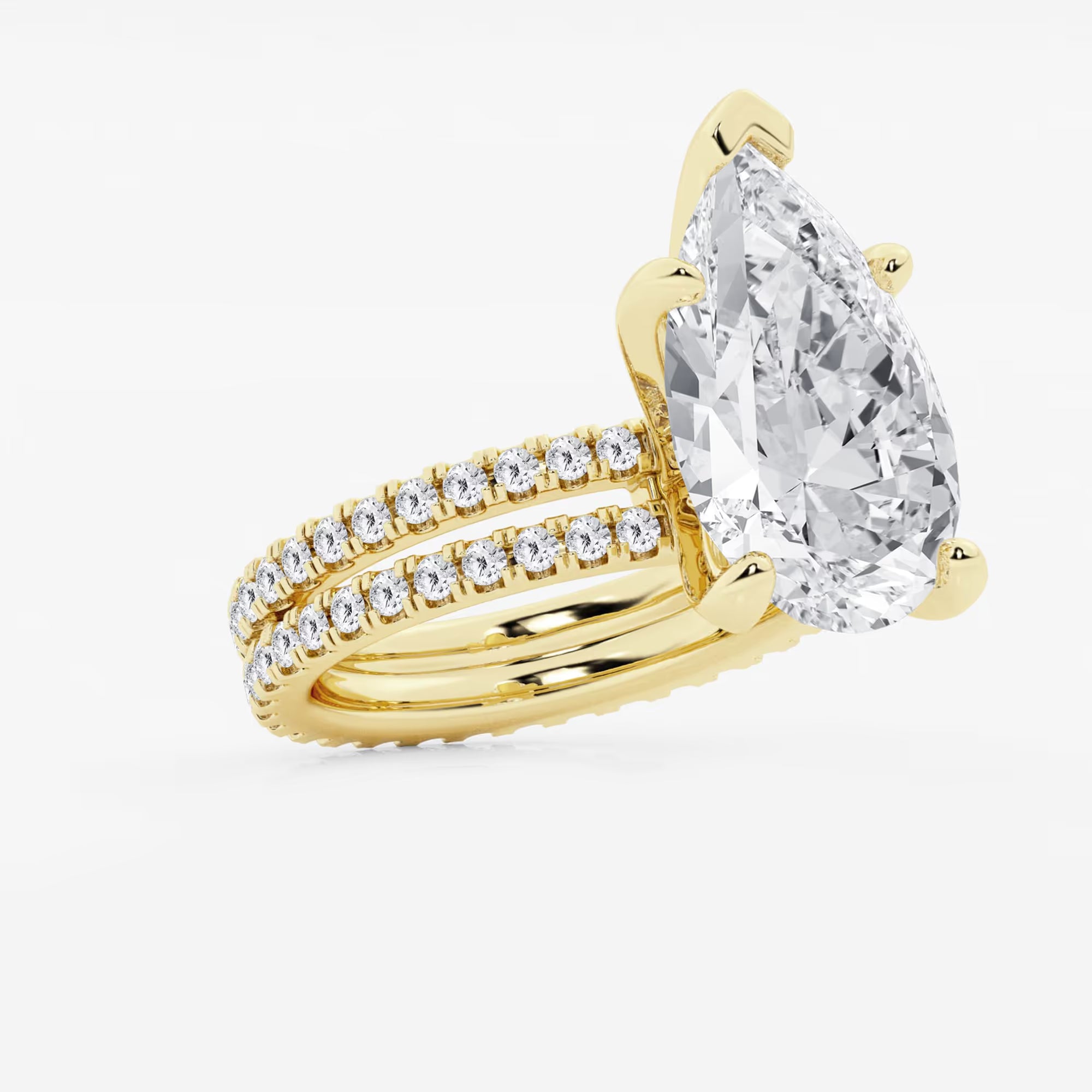 Pear Cut Lab Grown Diamond Engagement Ring Bridal Set, Pave Diamond Band with Eternity Wedding Band