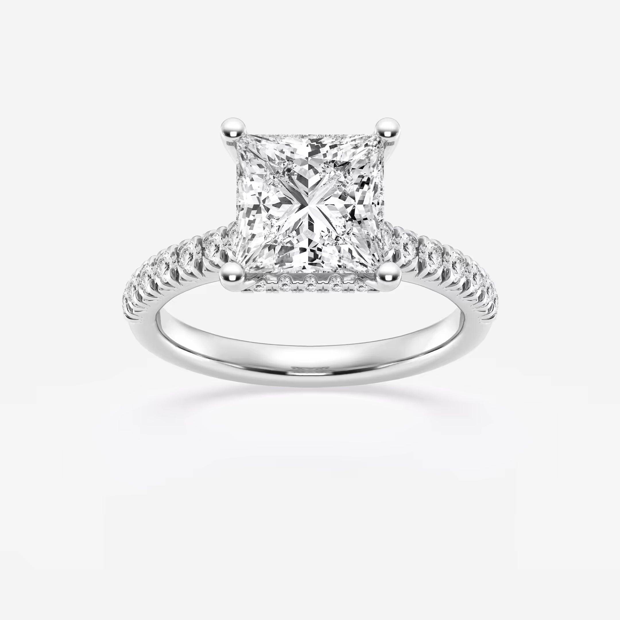 Princess Cut Lab Diamond Engagement Ring | Hidden Halo & Pavé Band