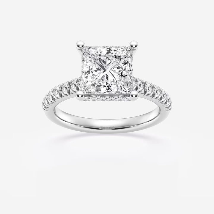 Princess Cut Lab Diamond Engagement Ring | Hidden Halo & Pavé Band