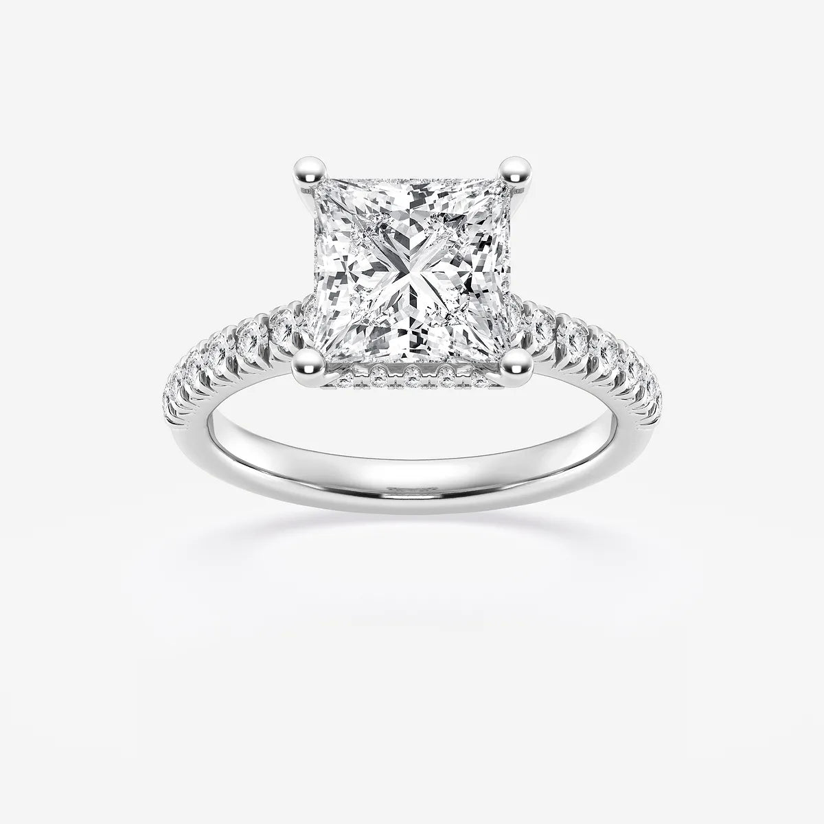 Princess Cut Lab Diamond Engagement Ring | Hidden Halo & Pavé Band