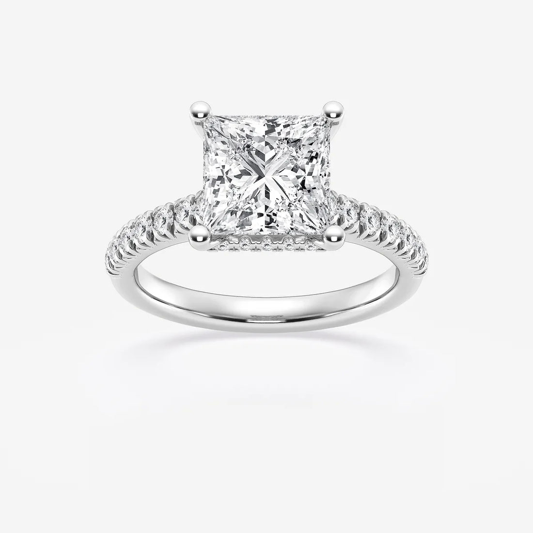 Princess Cut Lab Diamond Engagement Ring | Hidden Halo & Pavé Band