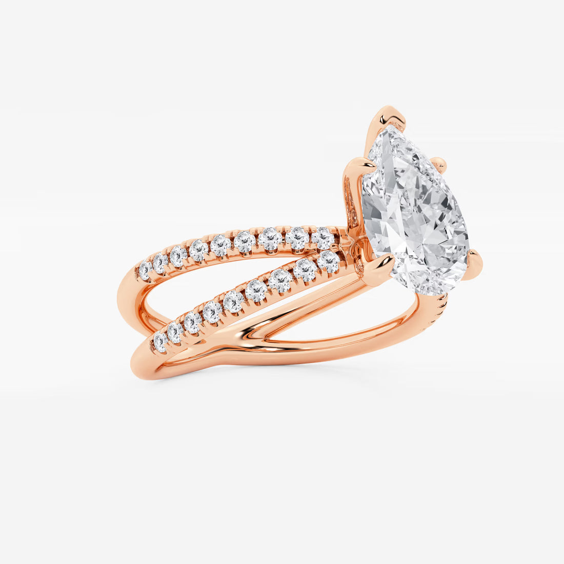 Pear Cut Lab Grown Diamond Engagement Ring, Double Band Pave Diamond Ring