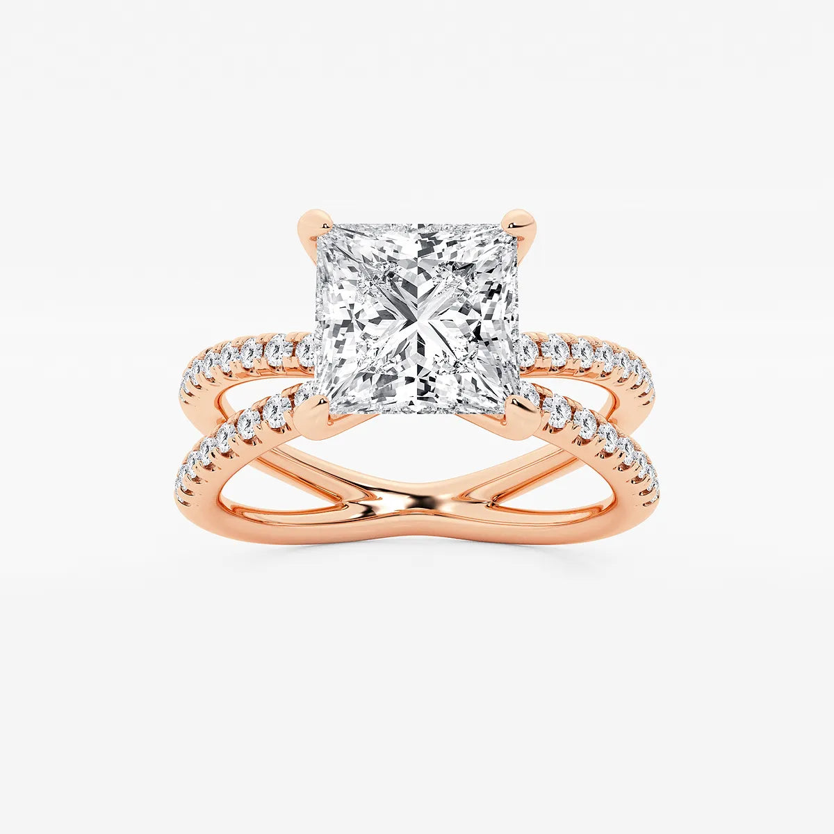 Princess Cut Lab Diamond Engagement Ring  Criss Cross Split Shank Pavé Band