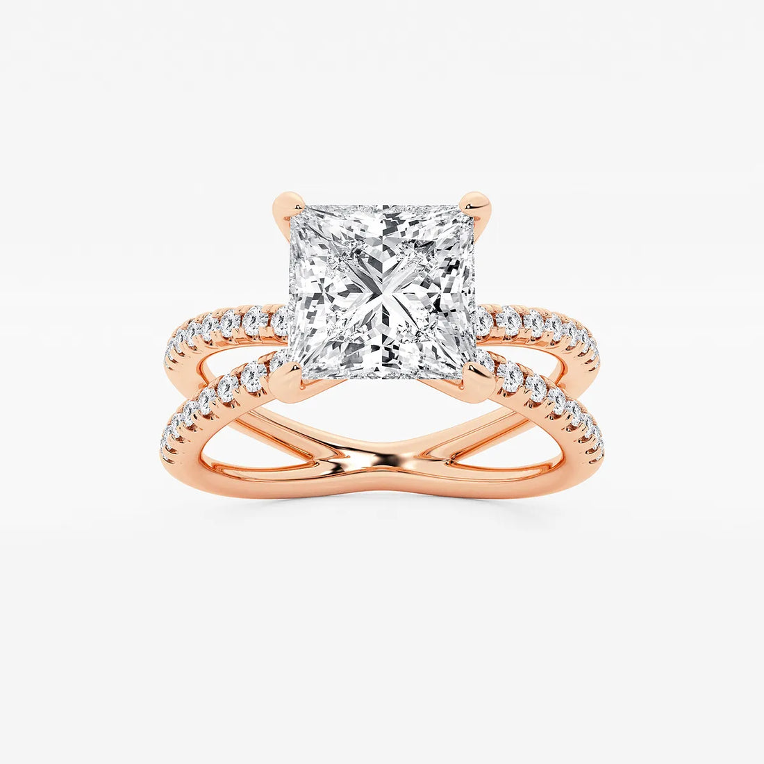 Princess Cut Lab Diamond Engagement Ring  Criss Cross Split Shank Pavé Band