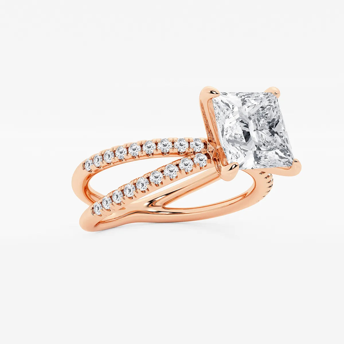 Princess Cut Lab Diamond Engagement Ring  Criss Cross Split Shank Pavé Band