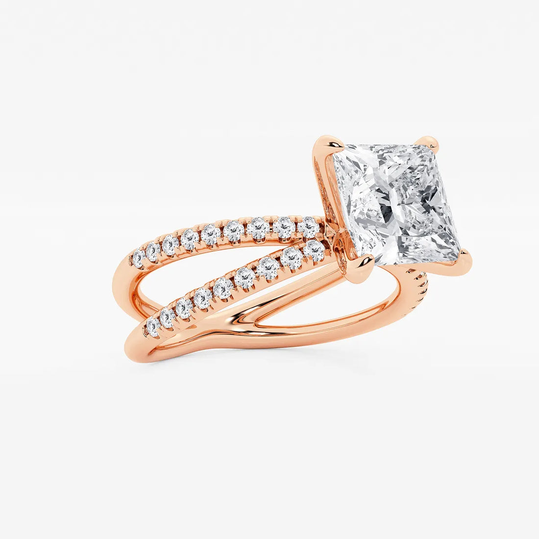 Princess Cut Lab Diamond Engagement Ring  Criss Cross Split Shank Pavé Band