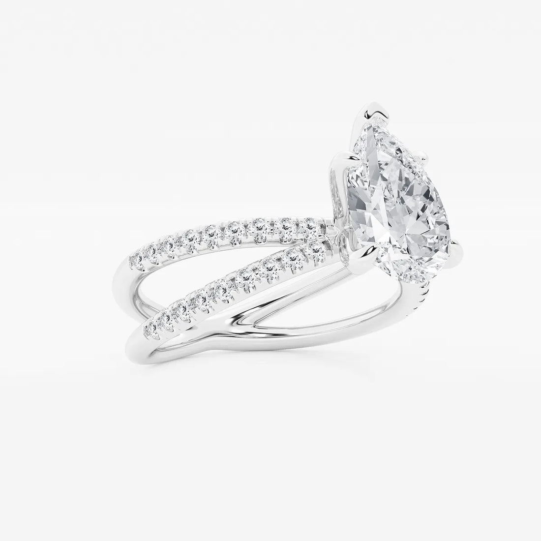 Pear Cut Lab Grown Diamond Engagement Ring, Double Band Pave Diamond Ring