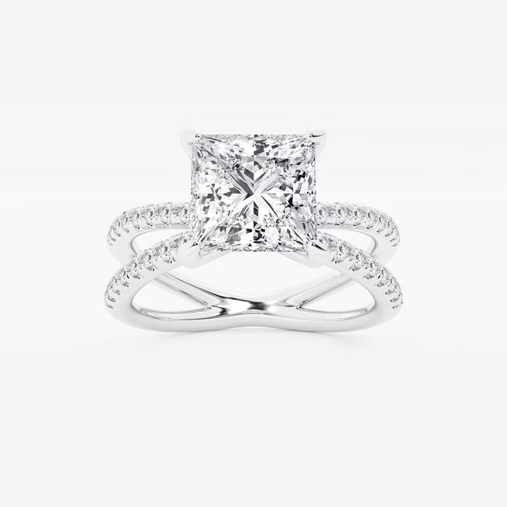 Princess Cut Lab Diamond Engagement Ring  Criss Cross Split Shank Pavé Band