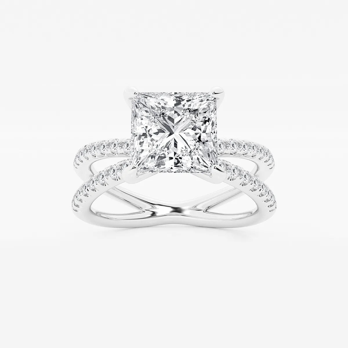 Princess Cut Lab Diamond Engagement Ring  Criss Cross Split Shank Pavé Band