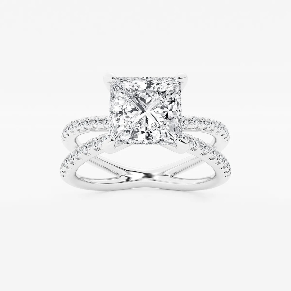 Princess Cut Lab Diamond Engagement Ring  Criss Cross Split Shank Pavé Band