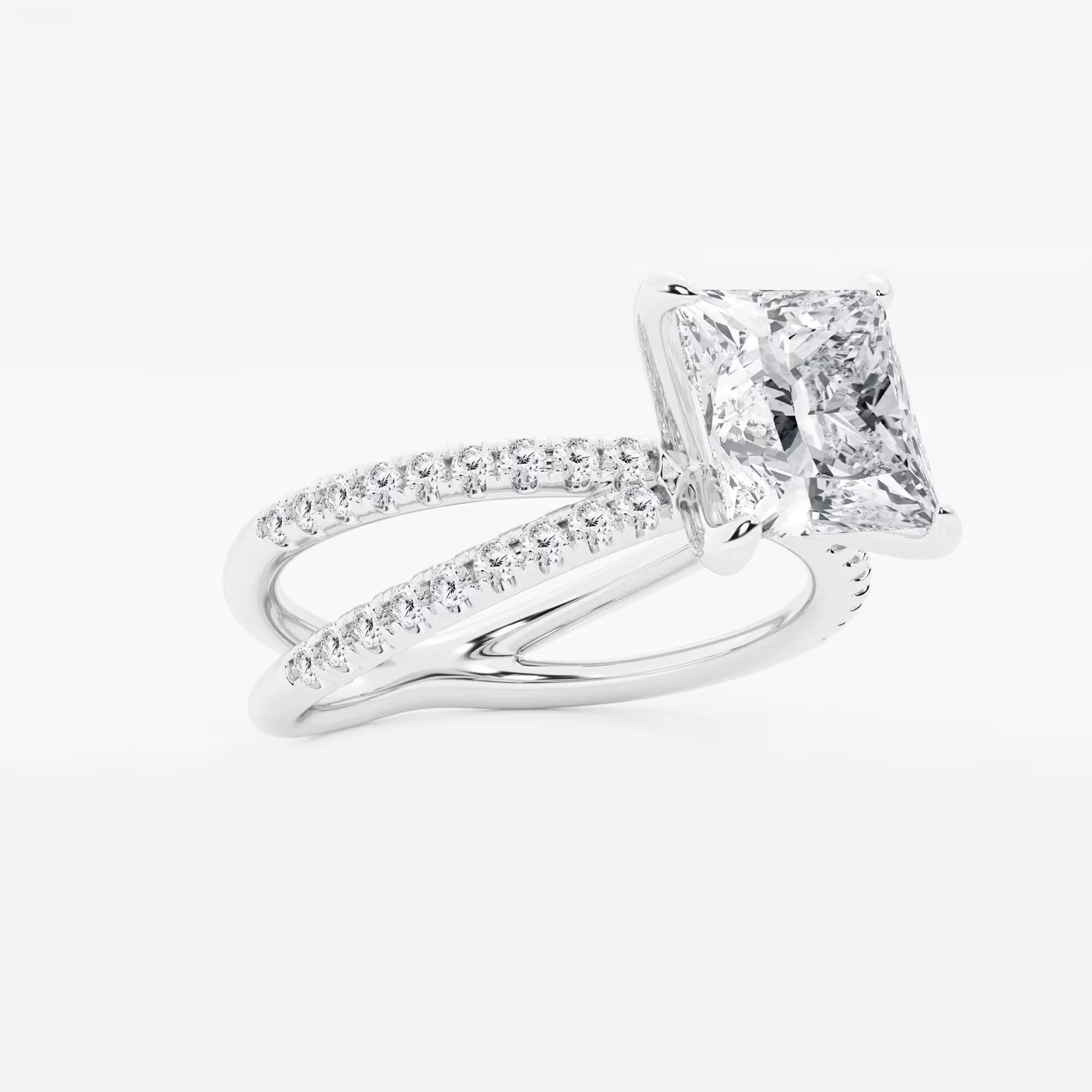 Princess Cut Lab Diamond Engagement Ring  Criss Cross Split Shank Pavé Band
