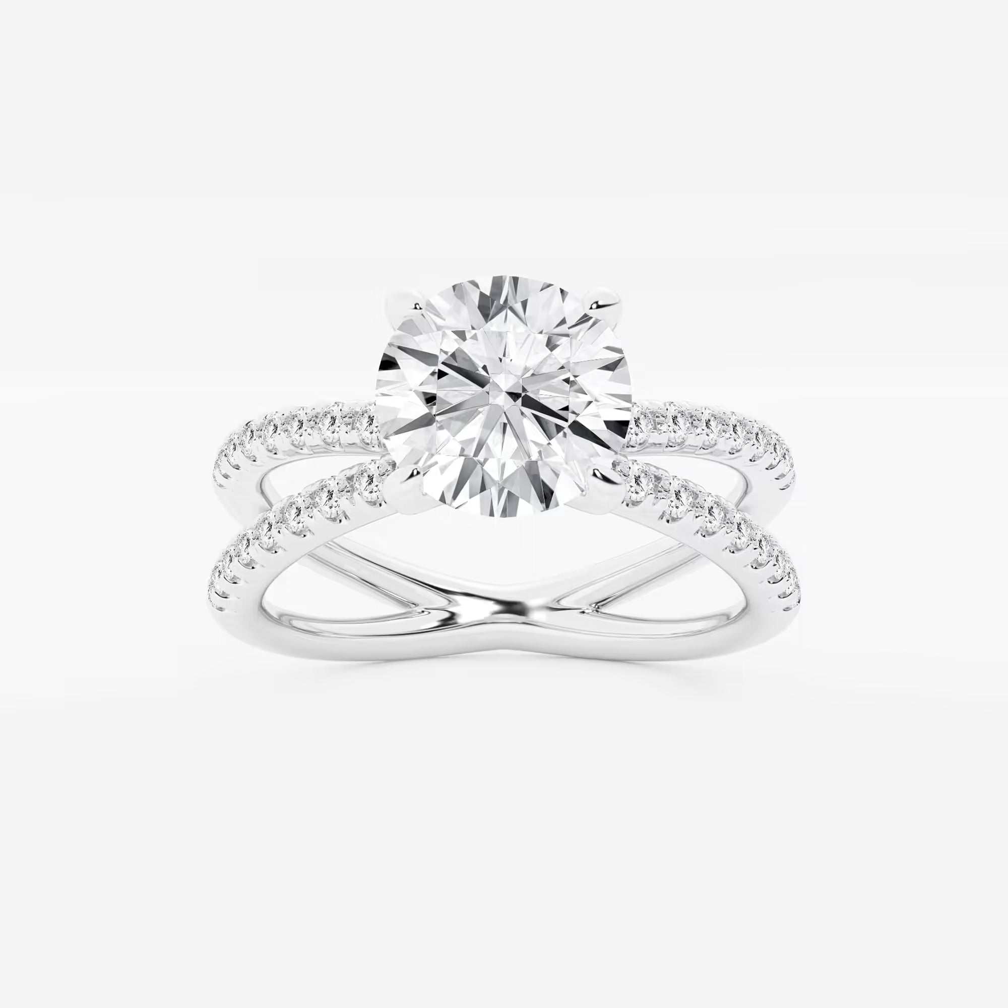 Round Cut Lab Grown Diamond Engagement Ring Crossover Double-Row Pavé Shank