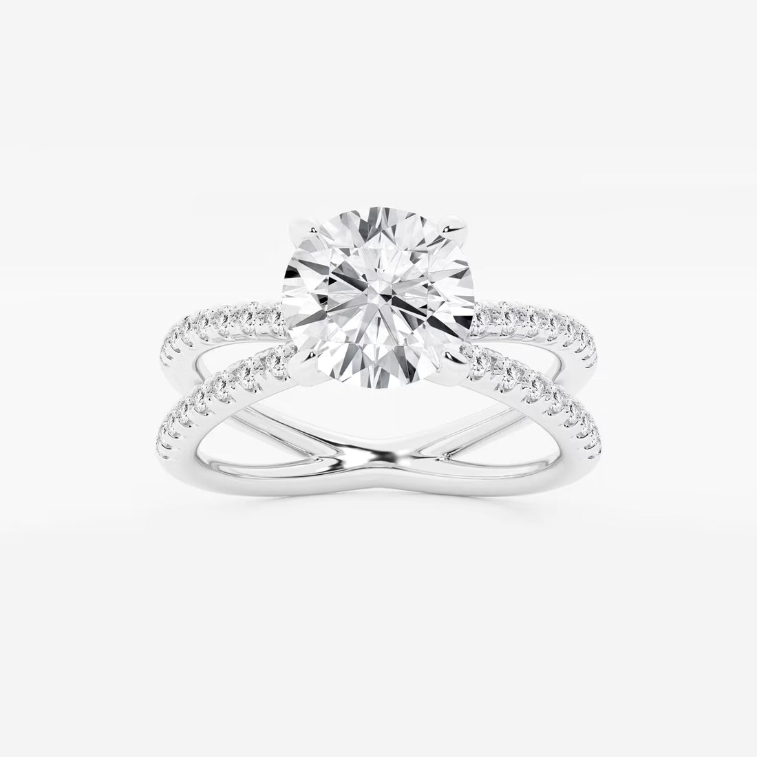 Round Cut Lab Grown Diamond Engagement Ring Crossover Double-Row Pavé Shank