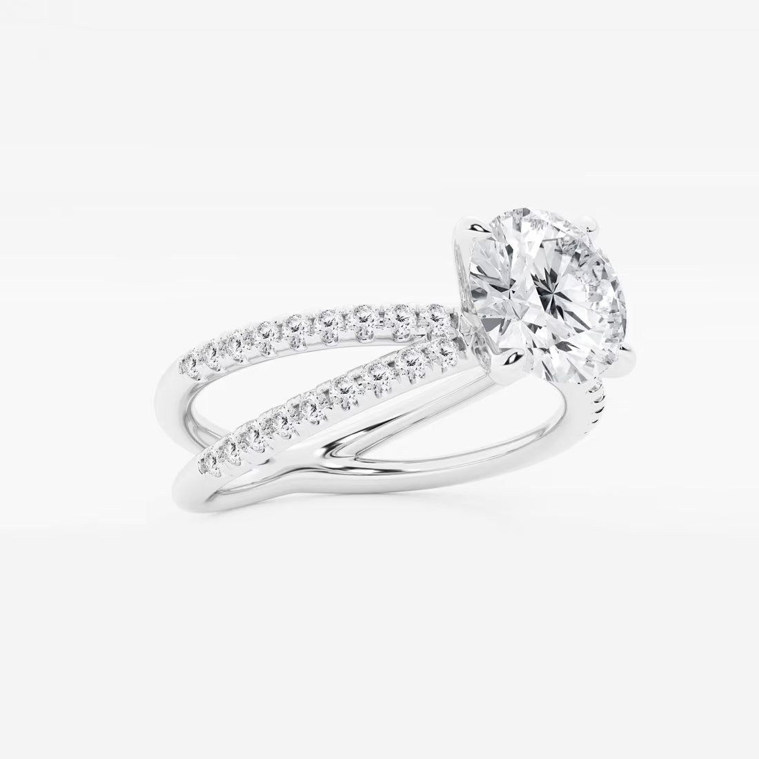 Round Cut Lab Grown Diamond Engagement Ring Crossover Double-Row Pavé Shank