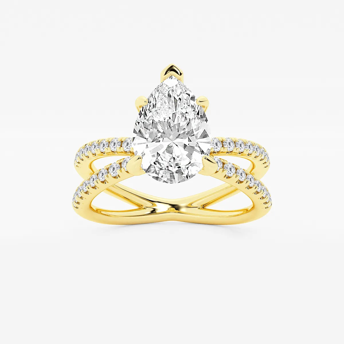 Pear Cut Lab Grown Diamond Engagement Ring, Double Band Pave Diamond Ring