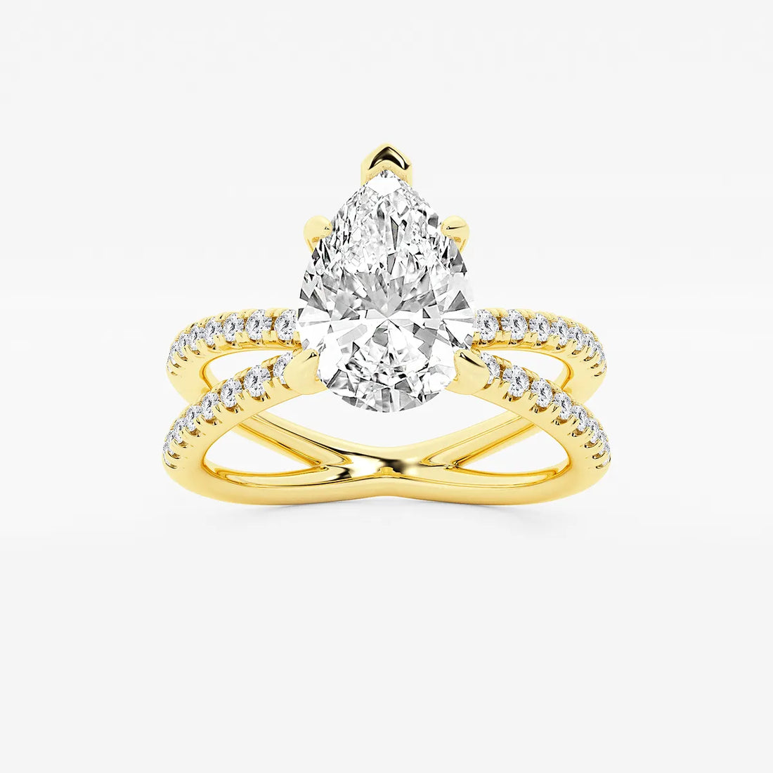 Pear Cut Lab Grown Diamond Engagement Ring, Double Band Pave Diamond Ring