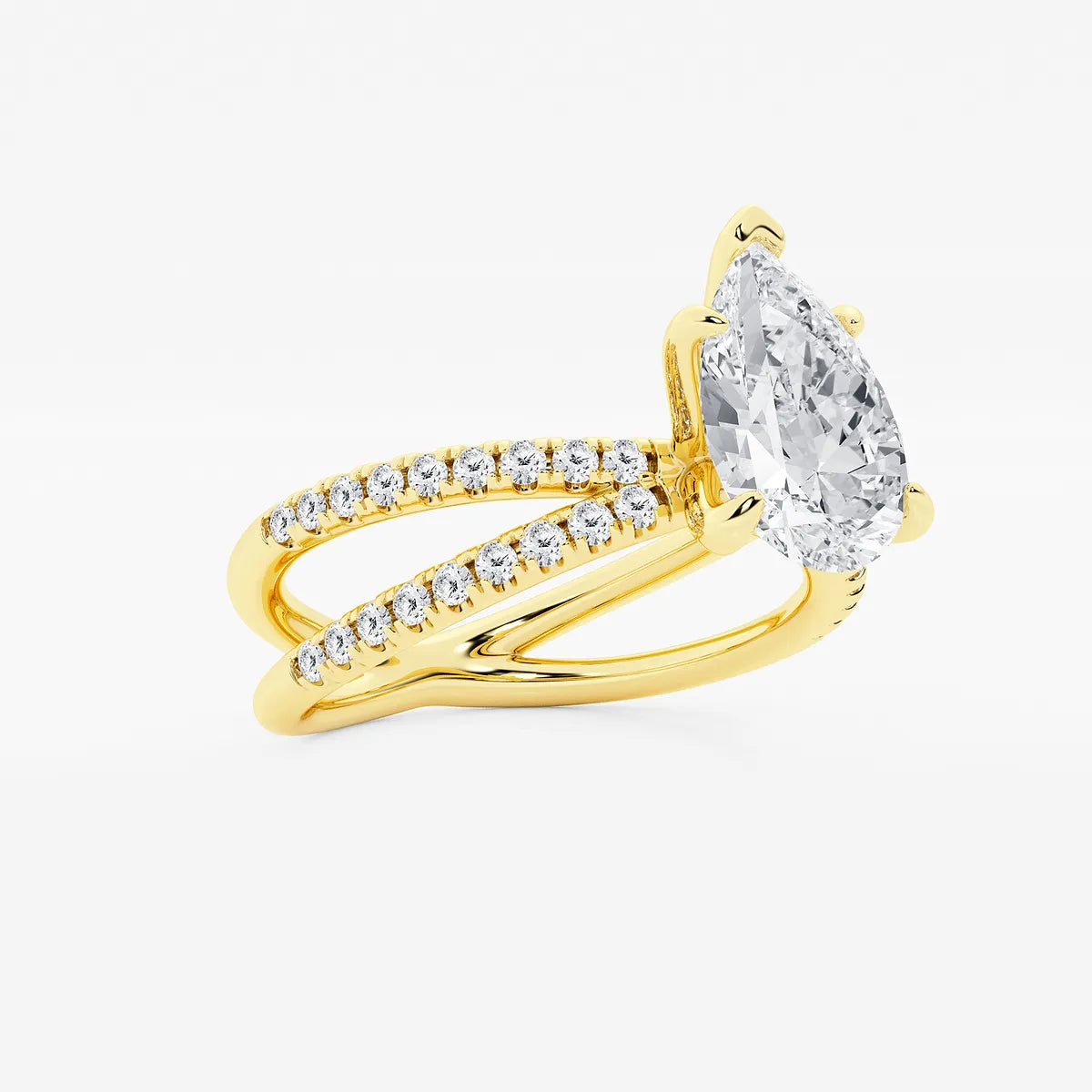 Pear Cut Lab Grown Diamond Engagement Ring, Double Band Pave Diamond Ring