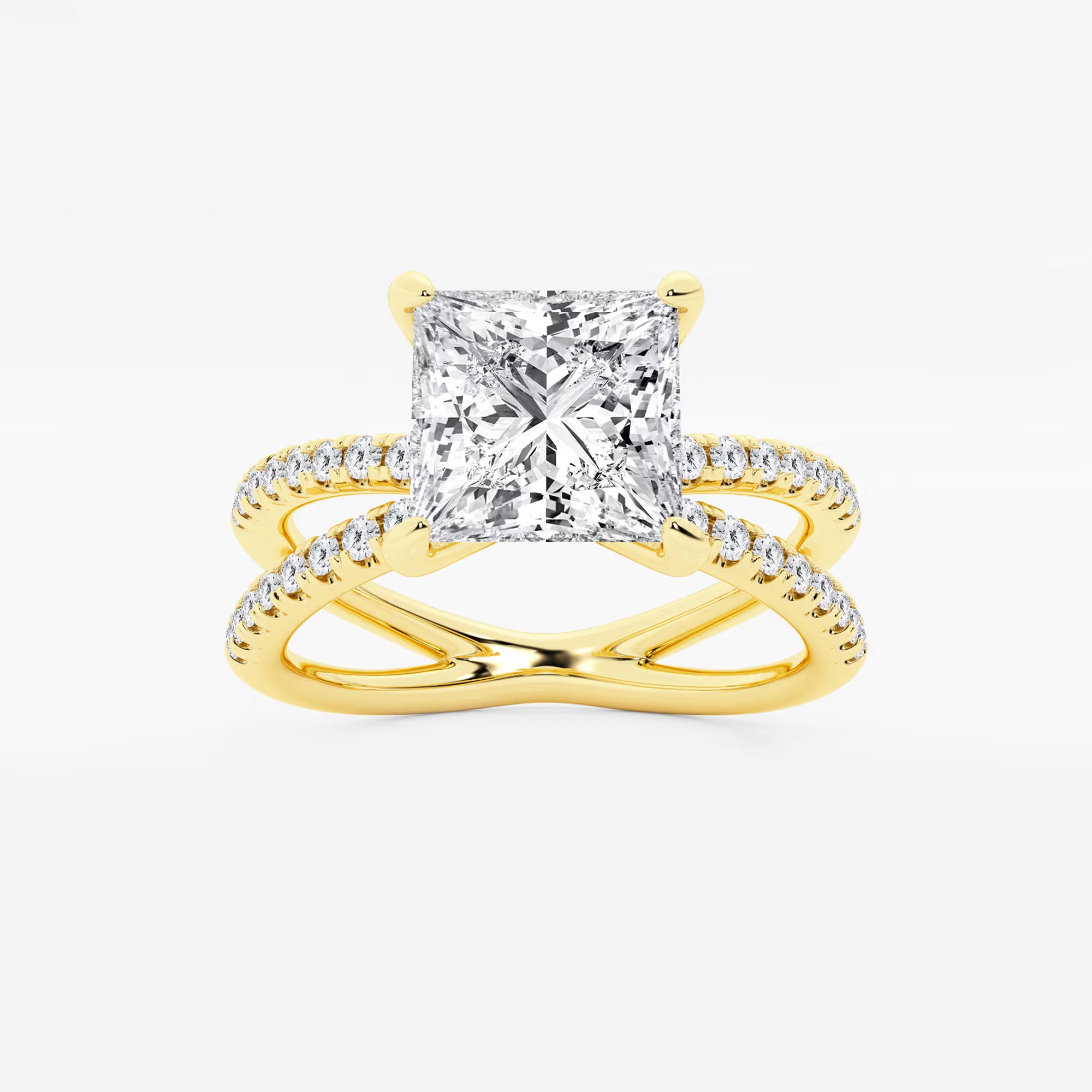Princess Cut Lab Diamond Engagement Ring  Criss Cross Split Shank Pavé Band