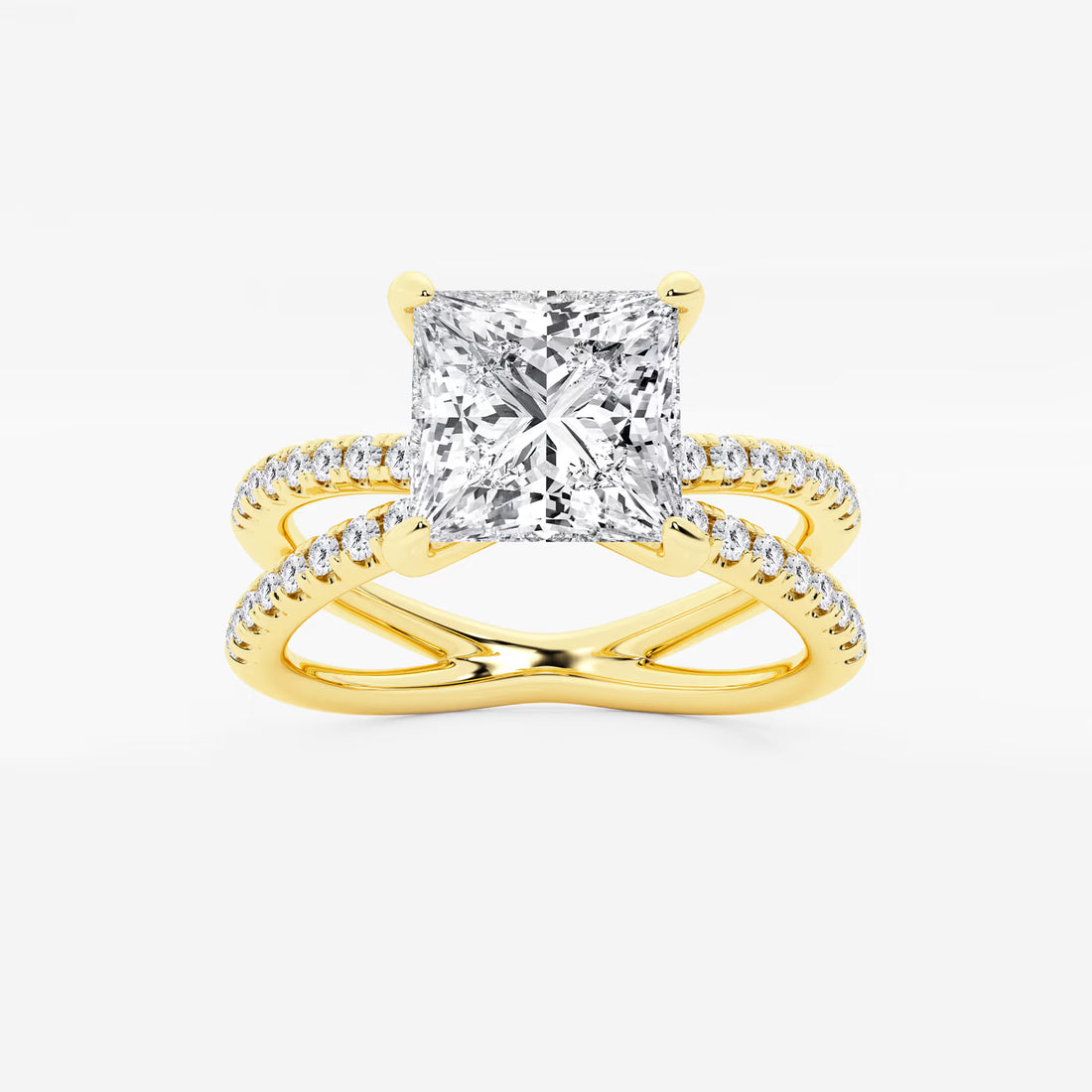 Princess Cut Lab Diamond Engagement Ring  Criss Cross Split Shank Pavé Band