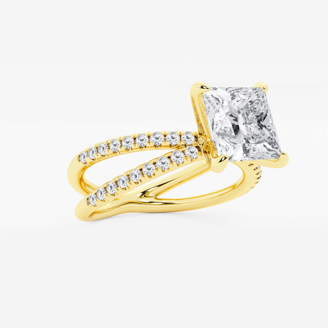 Princess Cut Lab Diamond Engagement Ring  Criss Cross Split Shank Pavé Band