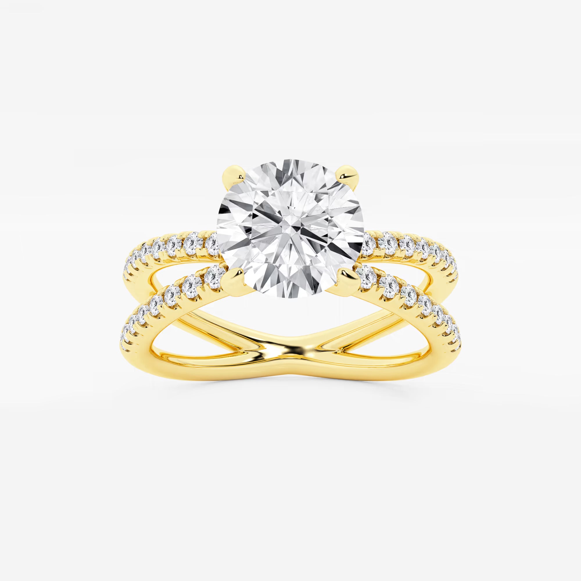 Round Cut Lab Grown Diamond Engagement Ring Crossover Double-Row Pavé Shank