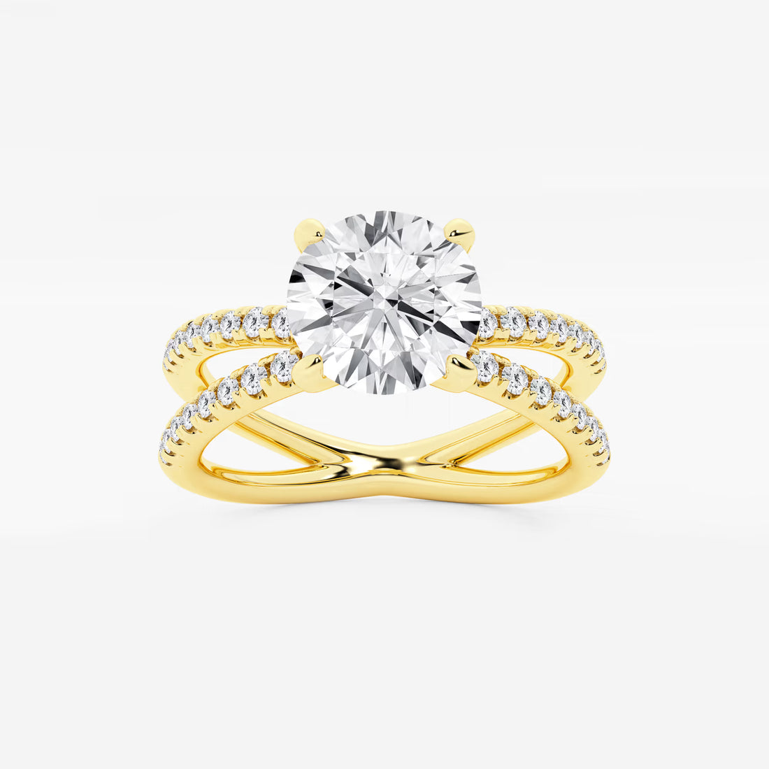 Round Cut Lab Grown Diamond Engagement Ring Crossover Double-Row Pavé Shank