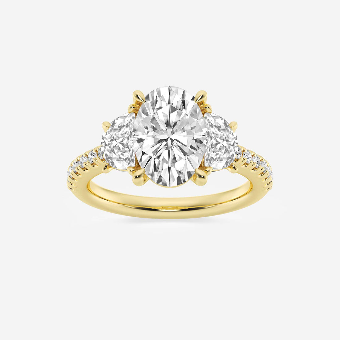Elysian Oval Lab Grown Diamond Three-Stone Engagement Ring with Half Moon Side Accents