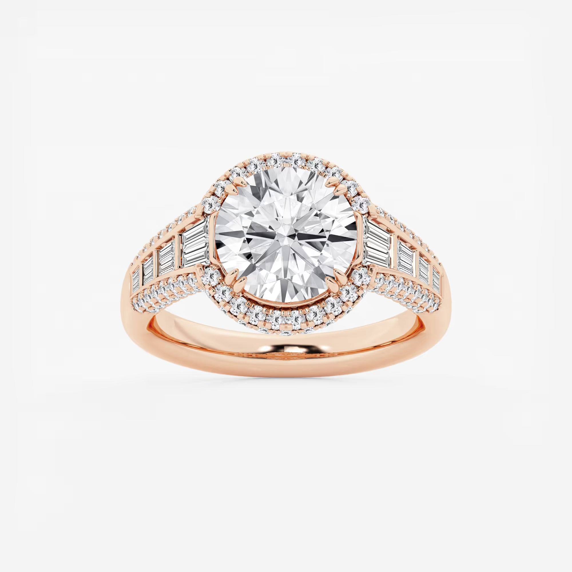 Round Cut Lab Grown Diamond Engagement Ring, Art Deco Bezel Set Baguette Halo Ring