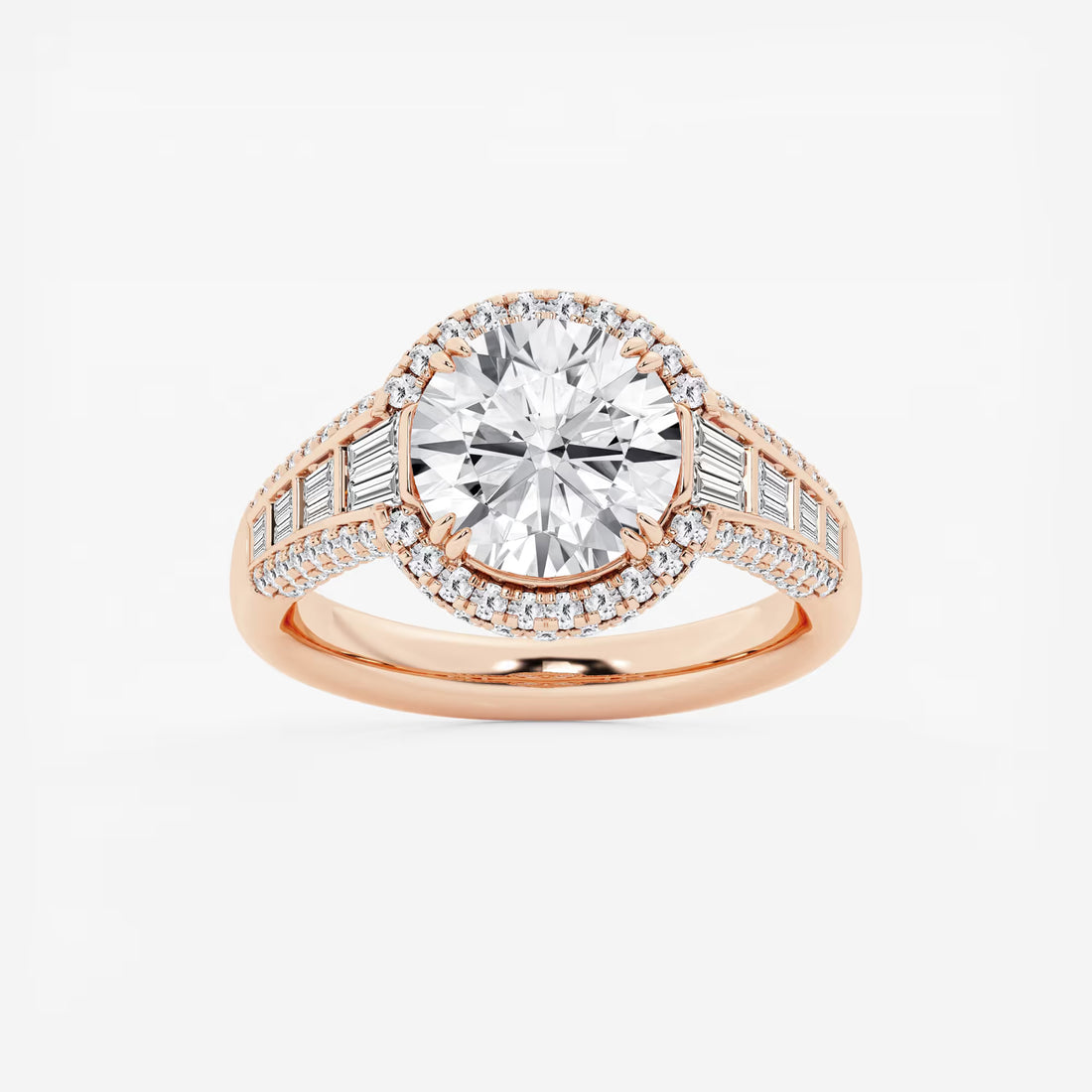 Round Cut Lab Grown Diamond Engagement Ring, Art Deco Bezel Set Baguette Halo Ring