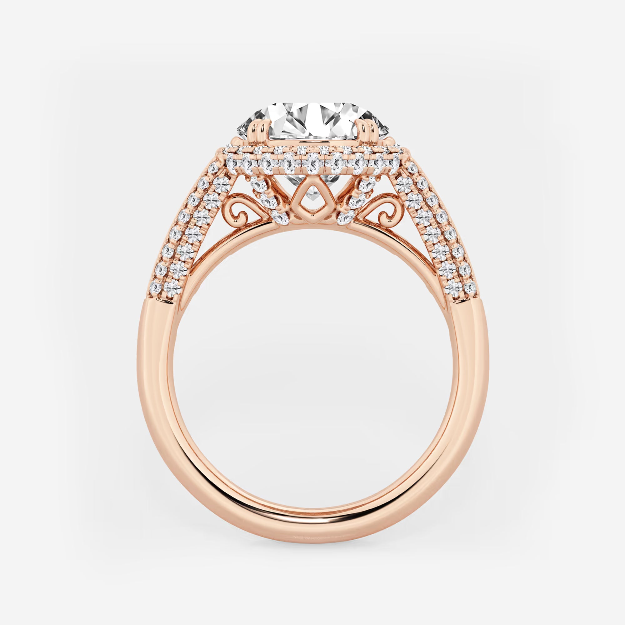 Round Cut Lab Grown Diamond Engagement Ring, Art Deco Bezel Set Baguette Halo Ring