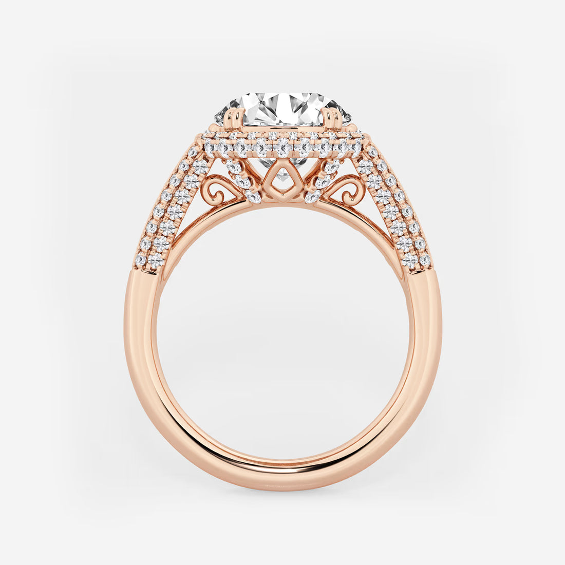 Round Cut Lab Grown Diamond Engagement Ring, Art Deco Bezel Set Baguette Halo Ring