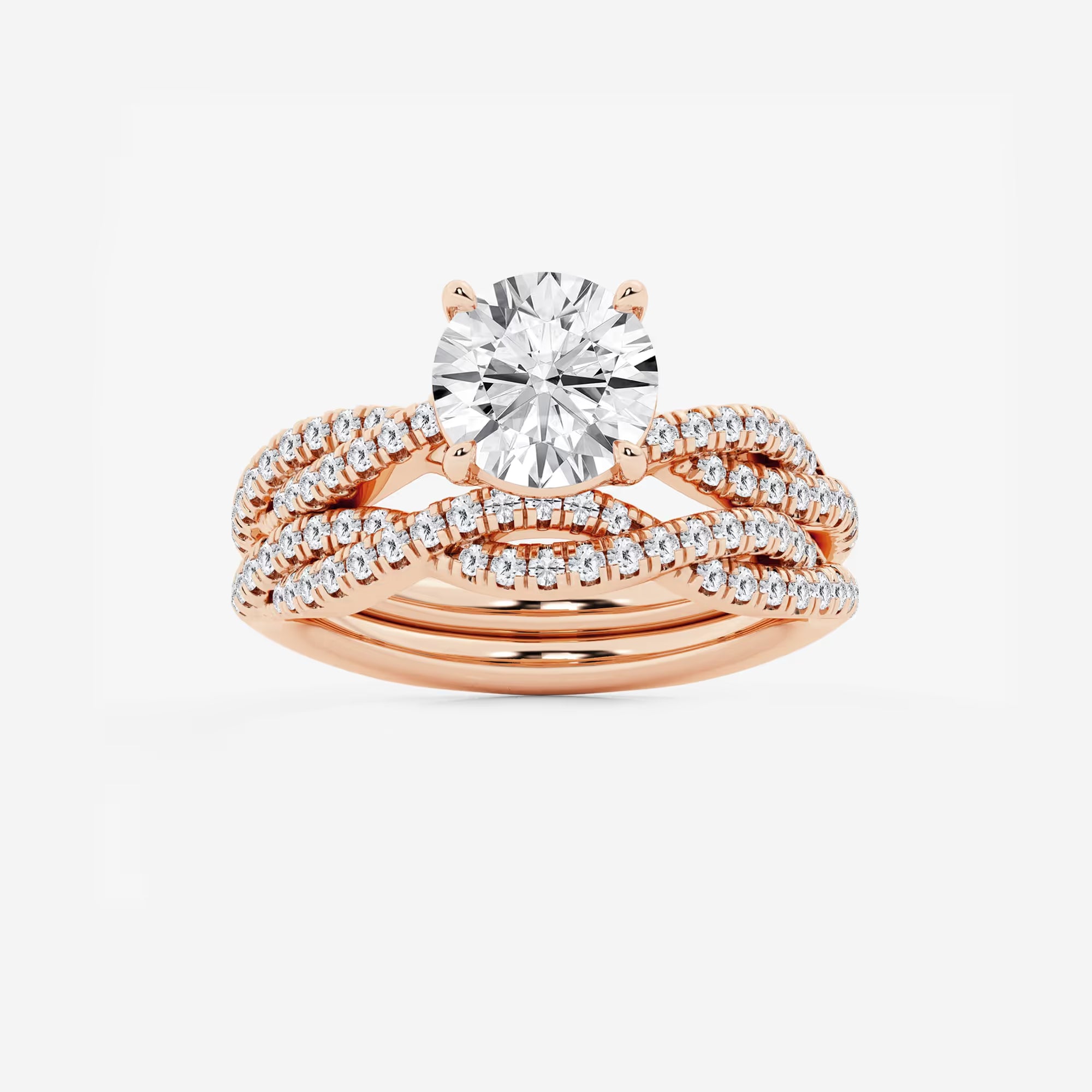Twisted Double-Row Pavé Engagement Ring in White Gold with Round Brilliant Center Stone
