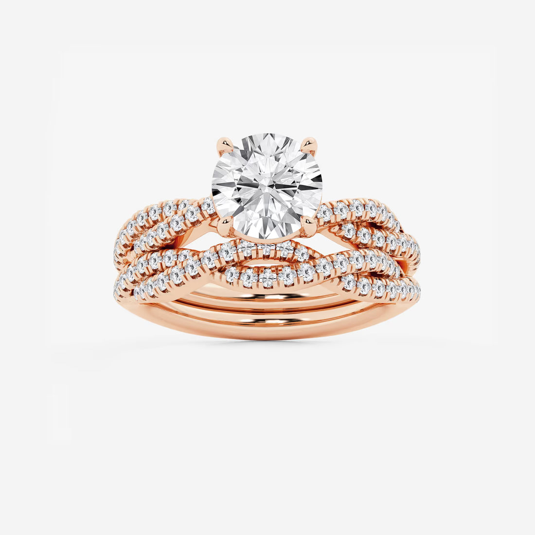 Twisted Double-Row Pavé Engagement Ring in White Gold with Round Brilliant Center Stone