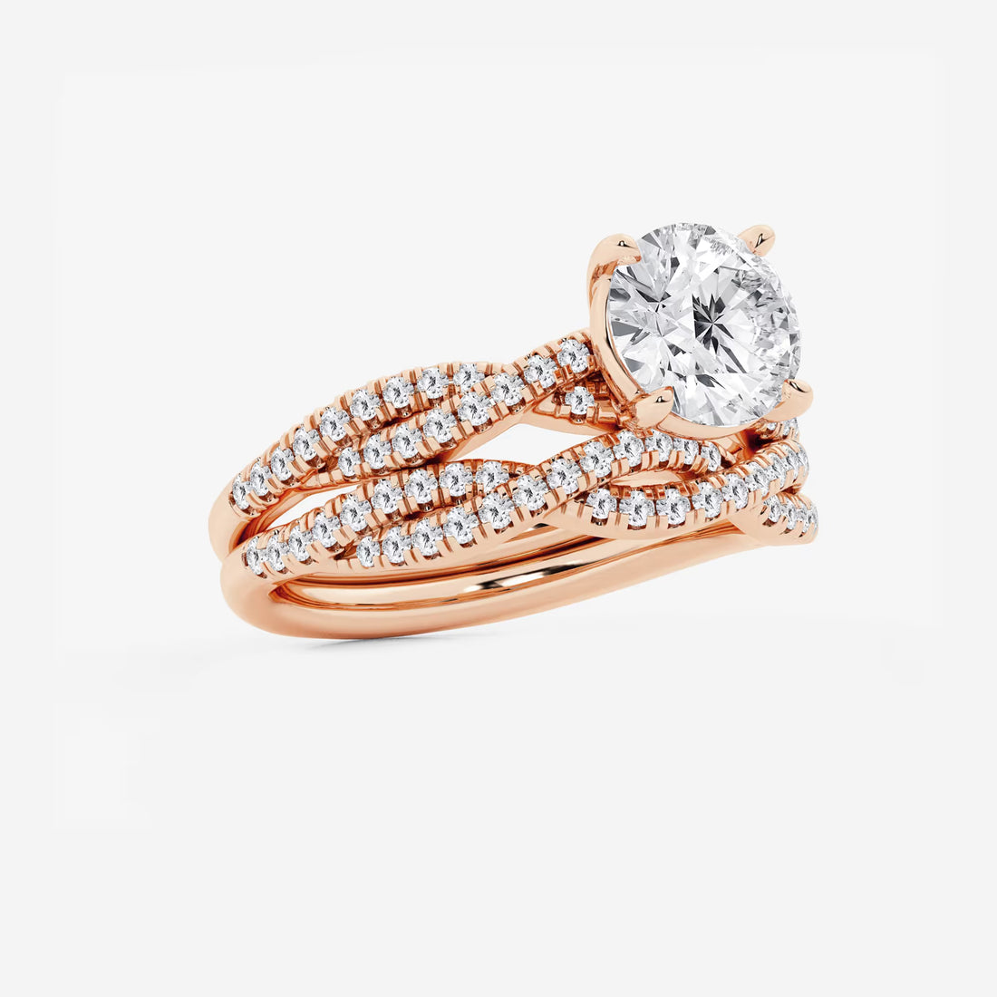 Twisted Double-Row Pavé Engagement Ring in White Gold with Round Brilliant Center Stone