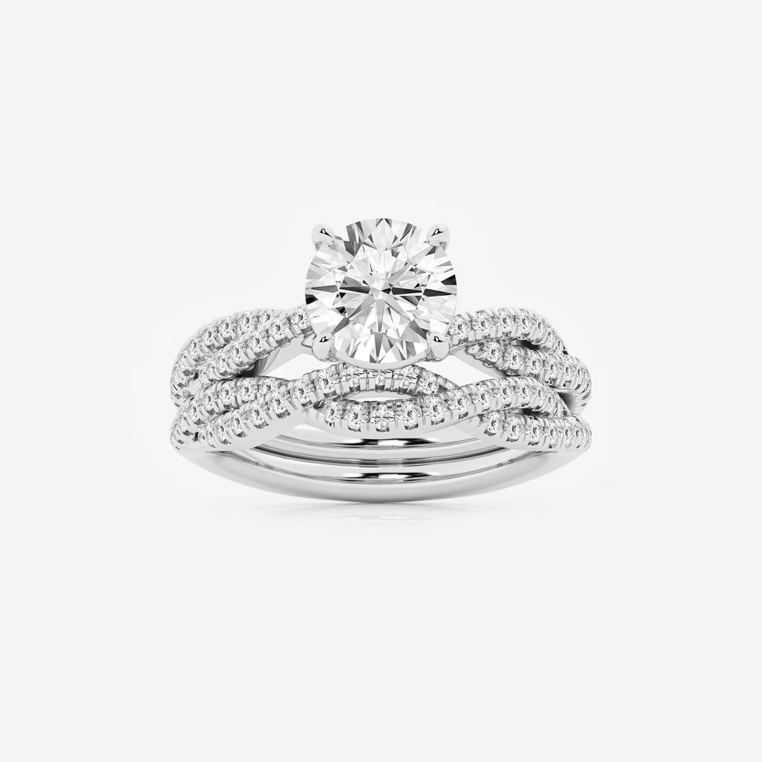 Twisted Double-Row Pavé Engagement Ring in White Gold with Round Brilliant Center Stone