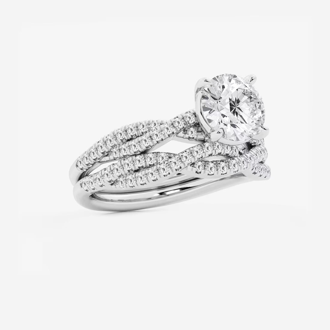 Twisted Double-Row Pavé Engagement Ring in White Gold with Round Brilliant Center Stone