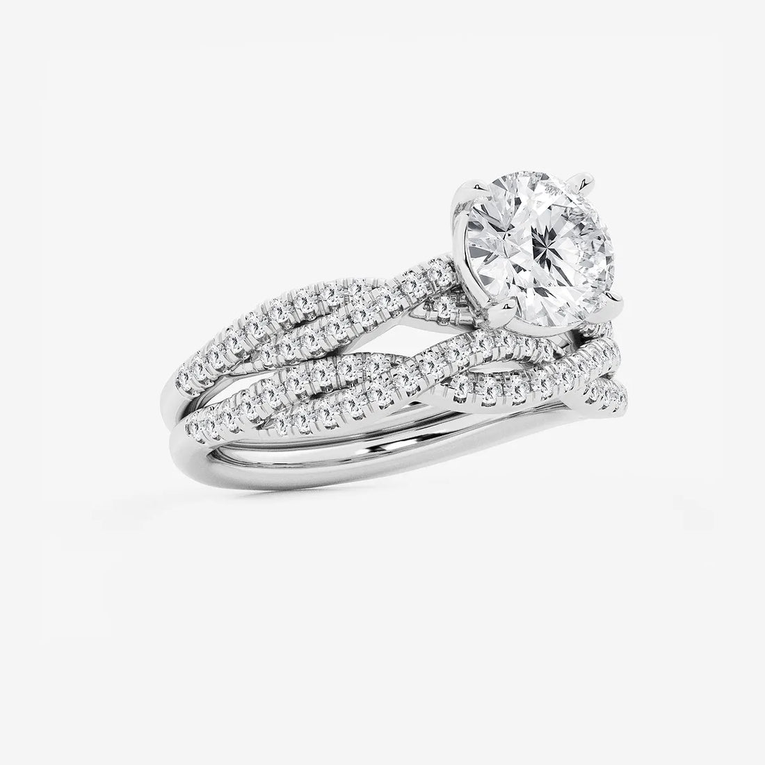 Twisted Double-Row Pavé Engagement Ring in White Gold with Round Brilliant Center Stone