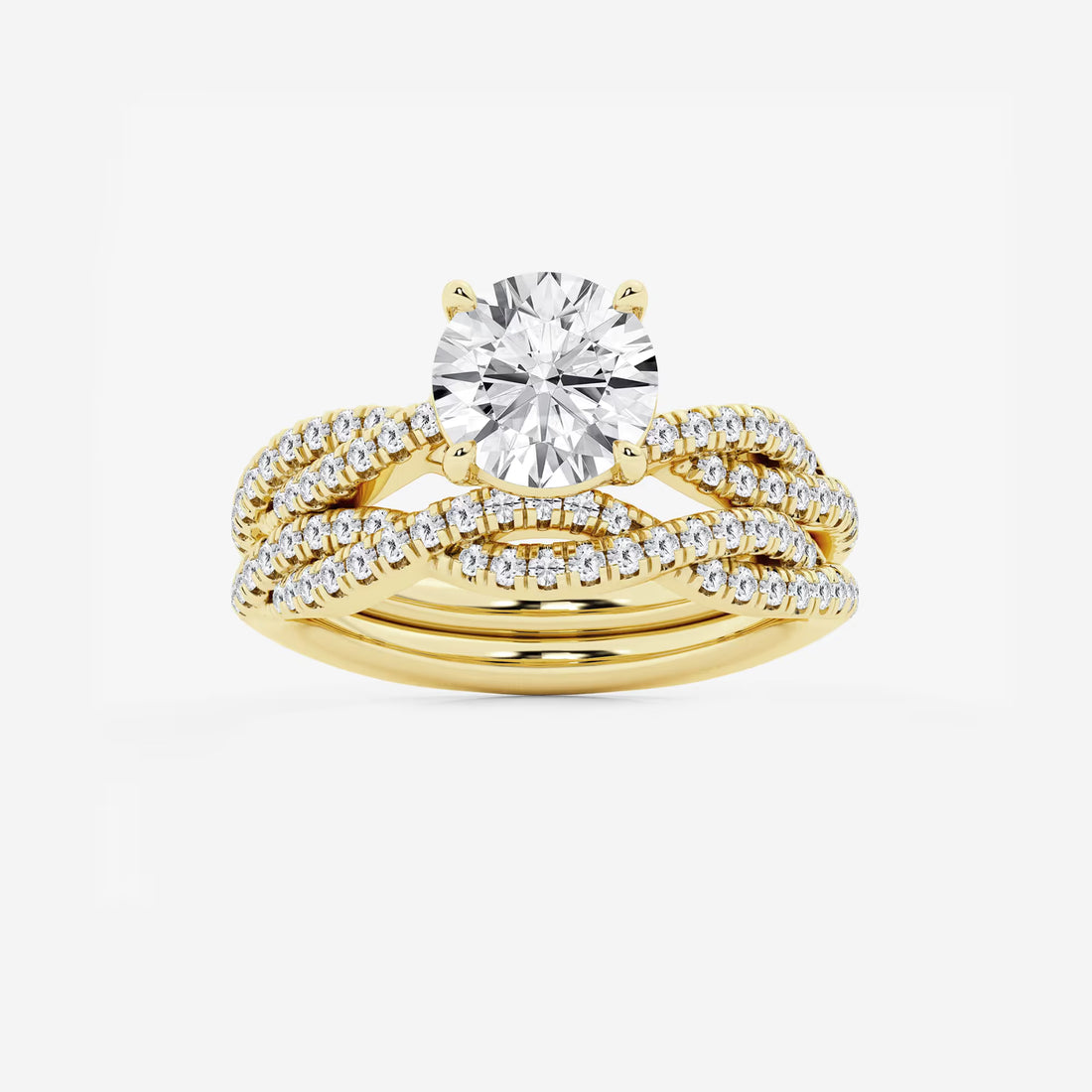 Twisted Double-Row Pavé Engagement Ring in White Gold with Round Brilliant Center Stone