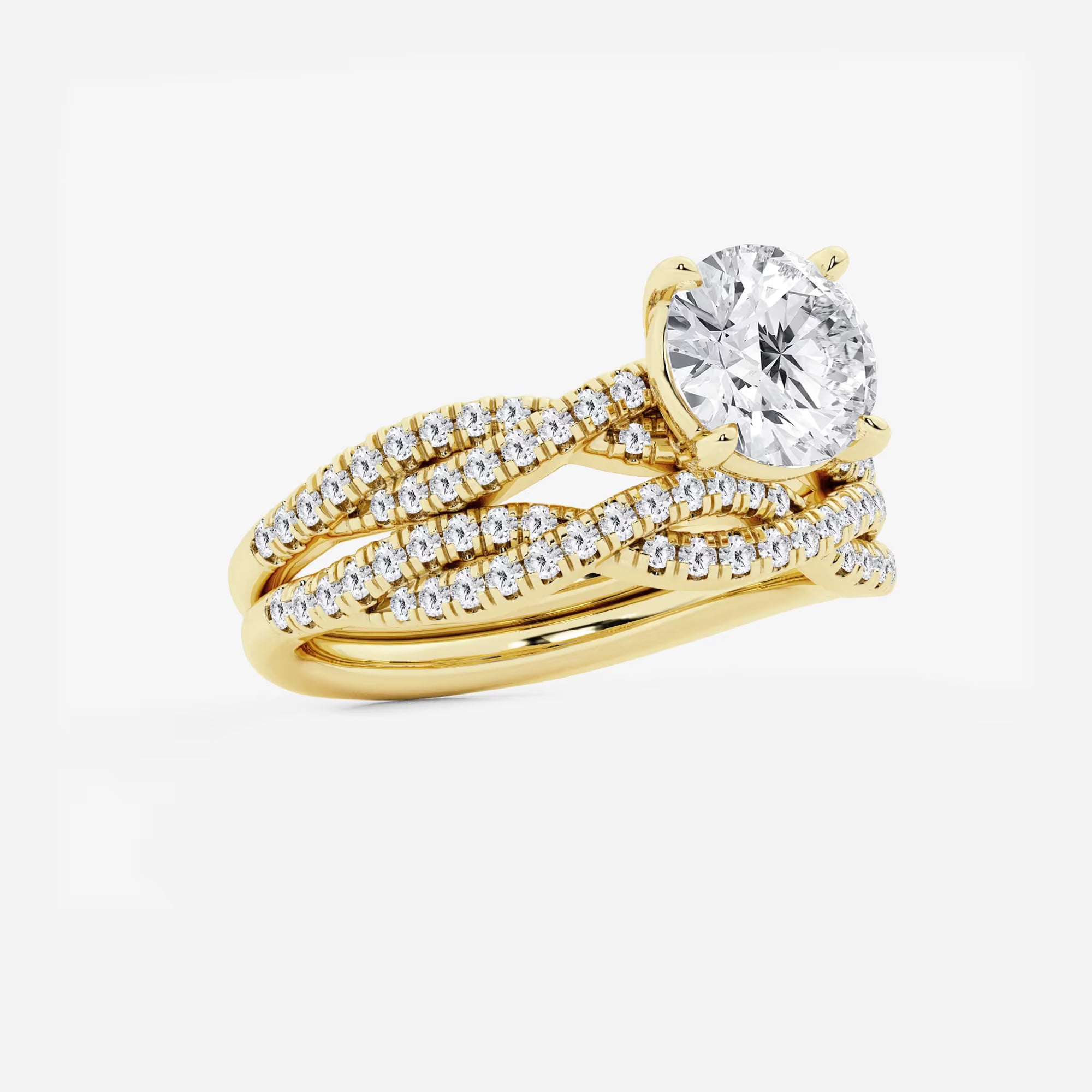 Twisted Double-Row Pavé Engagement Ring in White Gold with Round Brilliant Center Stone